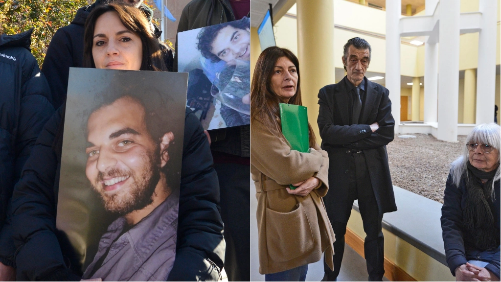 Delitto Panzieri, gli amici della  vittima con la sua foto fuori dal Tribunale. A destra la  famiglia