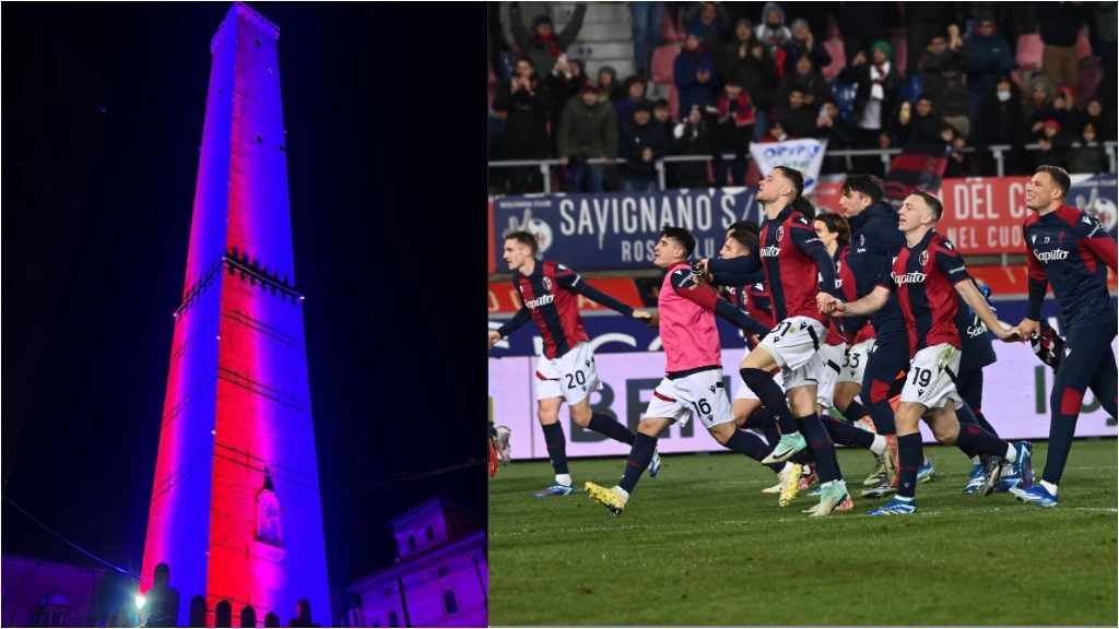 La torre degli Asinelli illuminata di rossoblù e, a destra, l'esultanza del Bologna fc