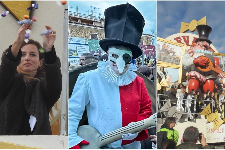 Chiusura col botto per il Carnevale di Fano 2024, a sinistra la madrina Beatrice Venezi, il sindaco vestito da Vulòn (foto di Marco D'Errico)