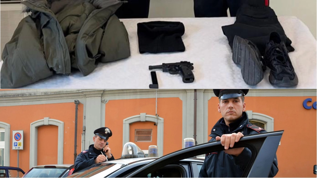 L'arma e l'abbigliamento usati per il colpo; sotto, i carabinieri al lavoro (foto d'archivio)