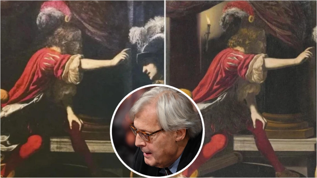 I due quadri a confronto, con e senza il particolare della candela. Nel tondo, Vittorio Sgarbi