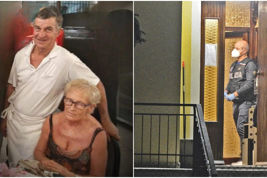 Rita Talamelli, la 66enne fanese con problemi psichici, strangolata dal marito Angelo Sfuggiti (a sinistra). A destra i rilievi dopo il delitto