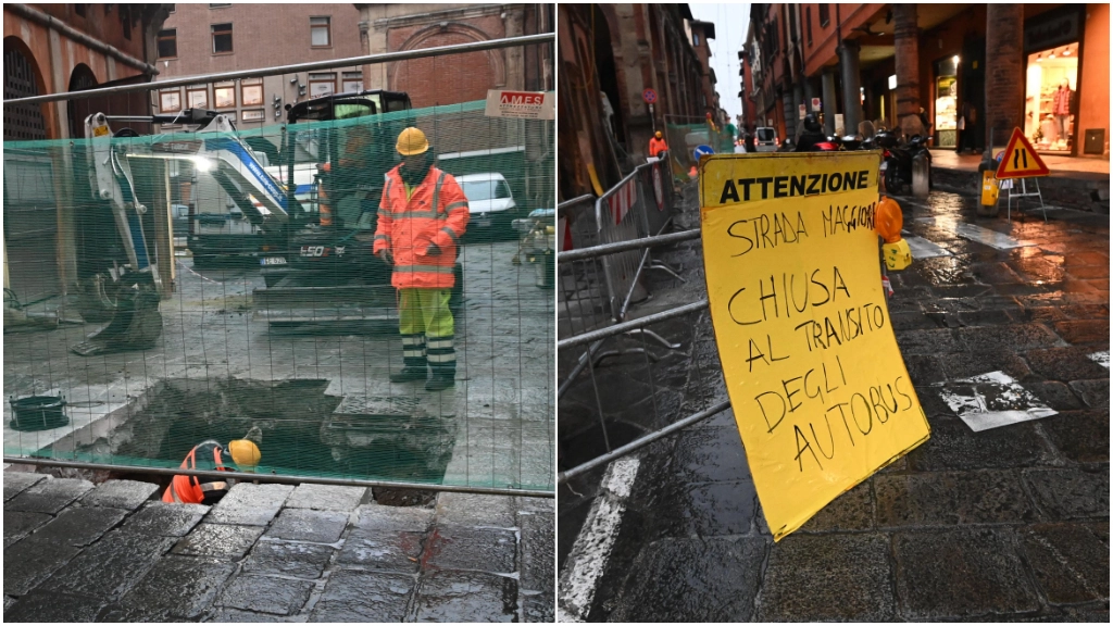 I lavori sotto la Garisenda e Strada Maggiore chiusa (Foto Schicchi)