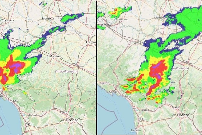 La perturbazione si sta spostando velocemente: il radar meteo di Arpae alle 10.20 e alle 11