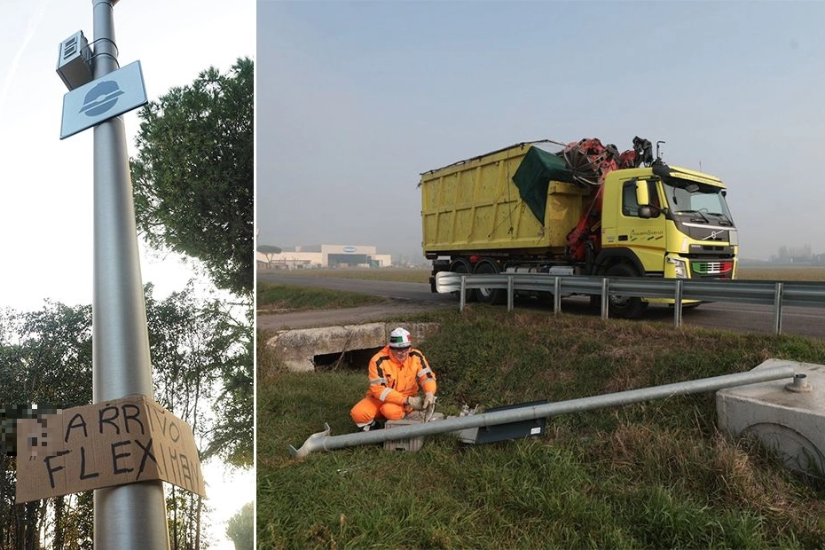 Fleximan ha colpito a Ravenna: prima il cartello poi l'autovelox abbattuto (Foto Zani)