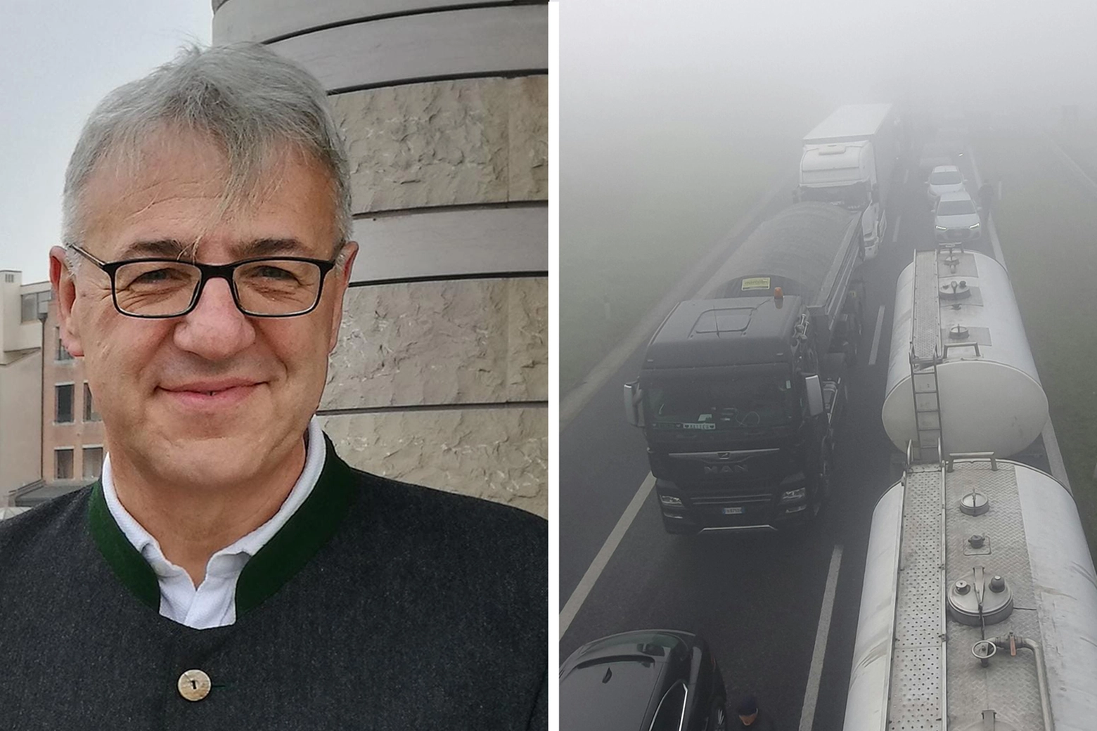 Vanes Poluzzi, responsabile del centro tematico qualità dell’aria Arpae E-R, a destra la nebbia fitta che il 5 febbraio ha avvolto buona parte delle autostrade del nord Italia