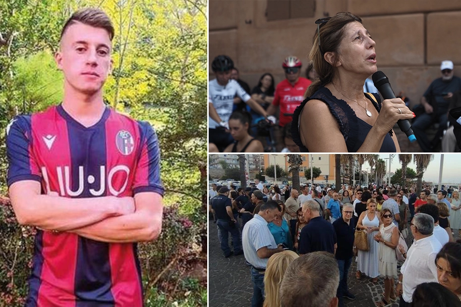 Davide Ferrerio con la maglia del Bologna e la mamma Giusy Orlando. Più in basso una fiaccolata di solidarietà a Crotone