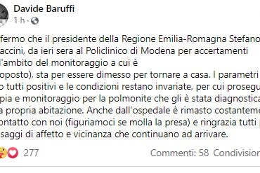 Bonaccini è tronato a casa e ringrazia per l'affetto: il post di Davide Baruffi