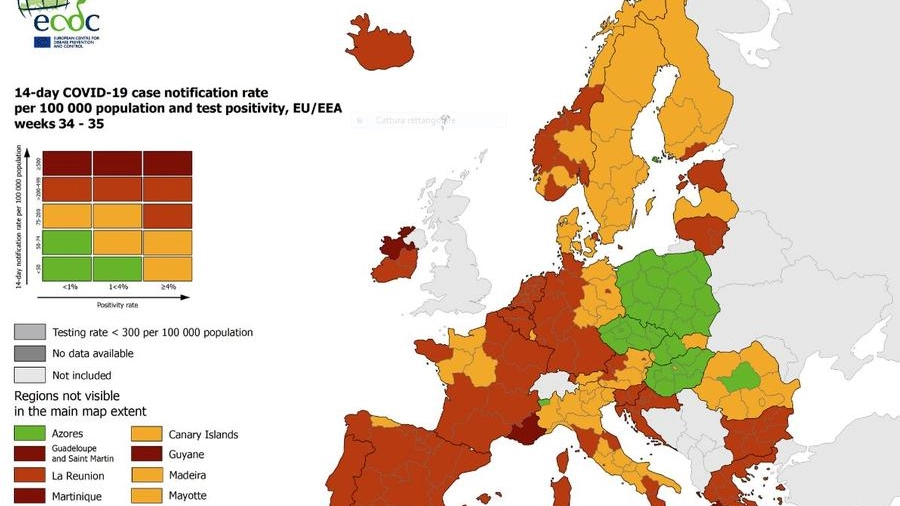 La mappa Ecd di oggi, 9 settembre 2021: Marche rosse, Emilia Romagna e Veneto gialle 