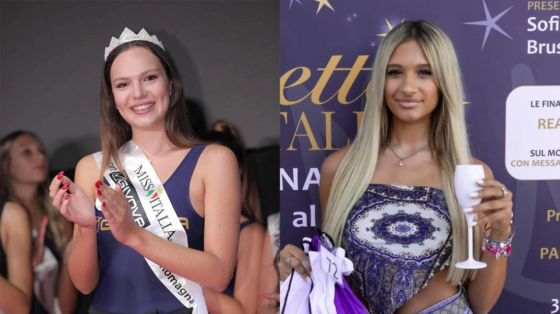A sinistra, Isabella Marchetti, che ha appena vinto la fascia Miss Sport Givova 2023 Emilia-Romagna di Miss Italia. A destra, Oldea Valli in gara per la fascia di Miss Reginetta d’Italia