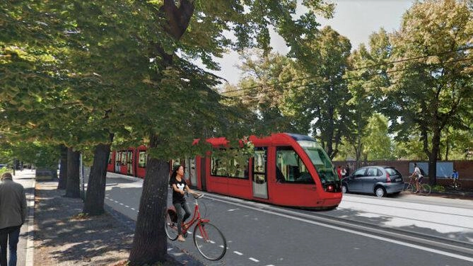 Un rendering del tram della linea rossa che collegherà Borgo Panigale al Caab