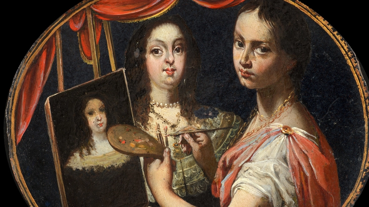 Il picolo gioiellino con in primo piano la pittrice Camilla Guerrieri con Vittoria Della Rovere. Il quadro, con fondo in ceramica, è ora esposto agli Uffizi