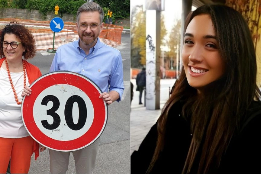 A destra Guendalina Furini l'ideatrice della petizione contro Città 30. A sinistra il sindaco Matteo Lepore e l'assessore Valentina Orioli
