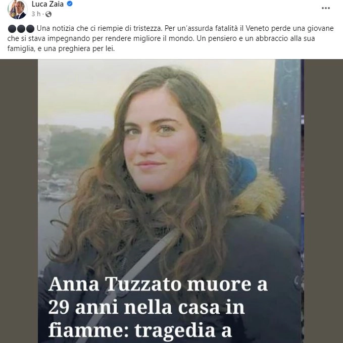 Il post di Luca Zaia, Governatore del Veneto, e il suo cordoglio