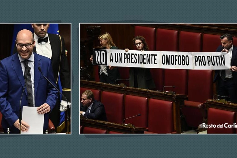 Lorenzo Fontana durante l'insediamento e lo striscione Dem srotolato in aula