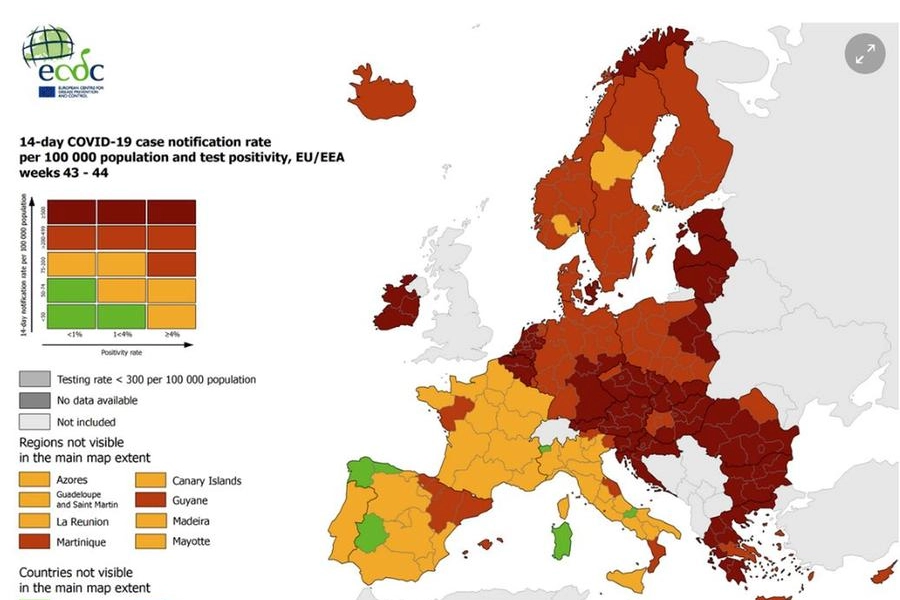 La nuova mappa Ecdc, con Marche, Calabria e Friuli in rosso