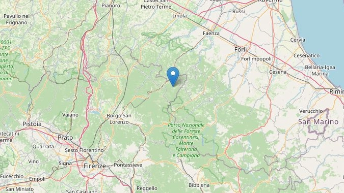 Scossa di terremoto all'ora di pranzo sentita in Romagna il 17 febbraio 2024 (foto Ingv Openstreetmap)