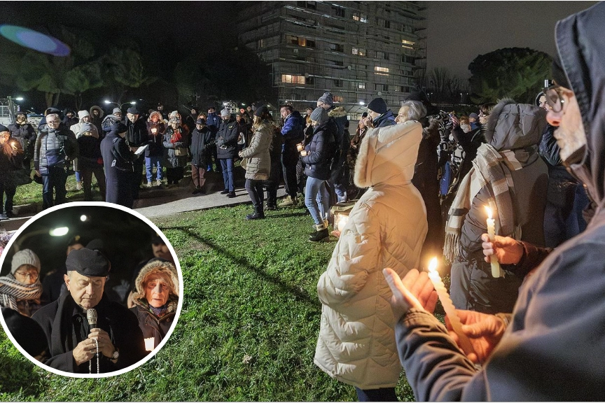 La veglia per la piccola Wendy, morta a 6 anni dopo un volo dal palazzo con la madre Giulia Lavatura. C'era anche il vescovo monsignor Ghizzoni (nel tondo)