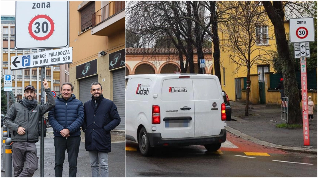 A sinistra, in grande, il tecnico impiantista e i vertici dell’azienda Diolaiti davanti all’imbocco della zona 30 in piazza VII Novembre. A destra, il furgone della ditta davanti al cartello tra via Irma Bandiera e lo stadio