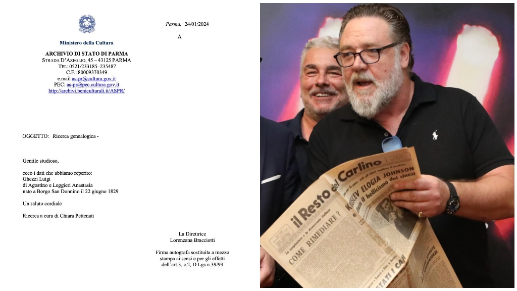 Russel Crowe non ha origini ascolane. A sinistra il documento dell’archivio di Parma