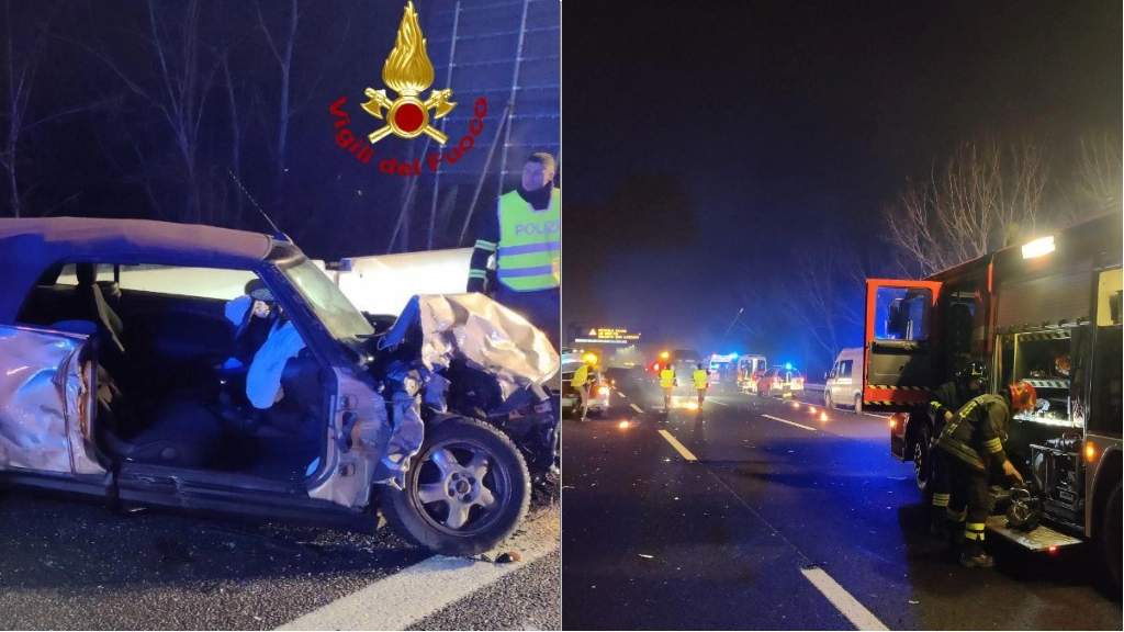 Incidente in A14 in provincia di Bologna: a sinistra una delle auto coinvolte, a destra i soccorsi
