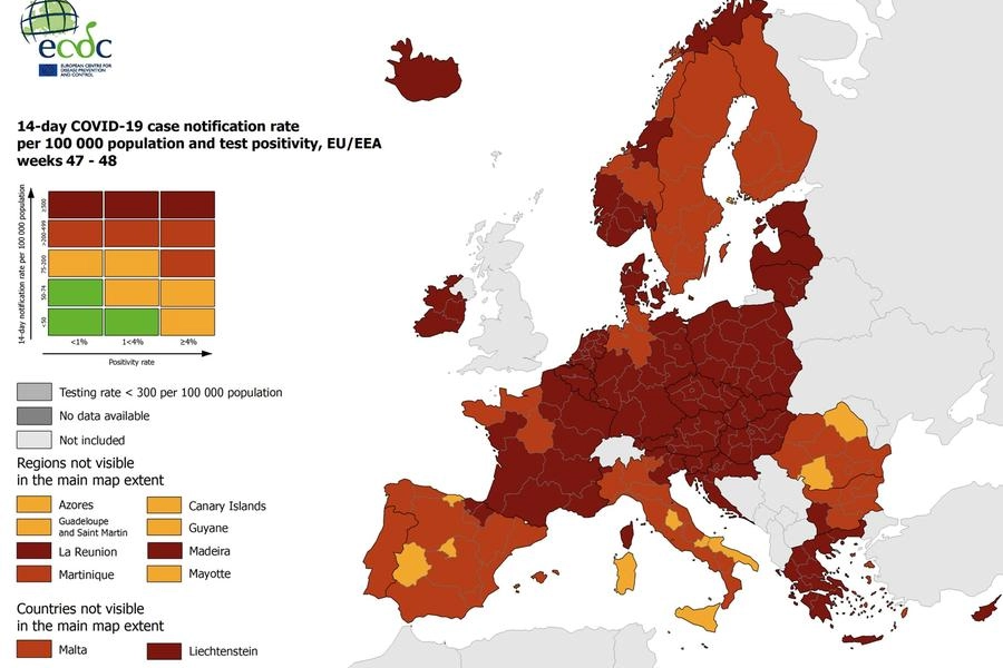 Valle d'Aosta, Alto Adige, Veneto e Friuli Venezia Giulia in rosso scuro per l'Europa