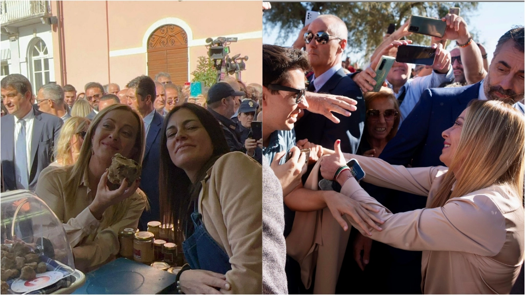 Meloni ad Acqualagna: visita gli stand dei tartufi e concede selfie e strette di mano