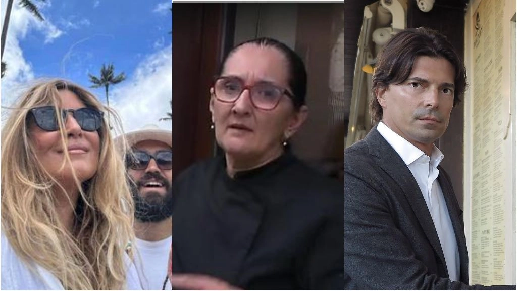 Al centro la ristoratrice morta Giovanna Pedretti, a sinistra Selvaggia Lucarelli e Lorenzo Biagiarelli, a destra Giuliano Lanzetti