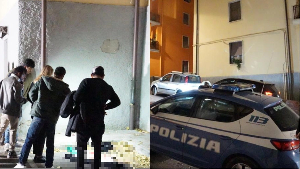 Le macchie di sangue sotto il balcone di via Capodistria dove si è lanciata la 15enne bengalese lunedì sera; a destra, sul posto una volante della polizia la sera del tragico gesto