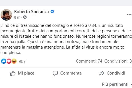 Speranza su Facebook: "Ci vuole attenzione"