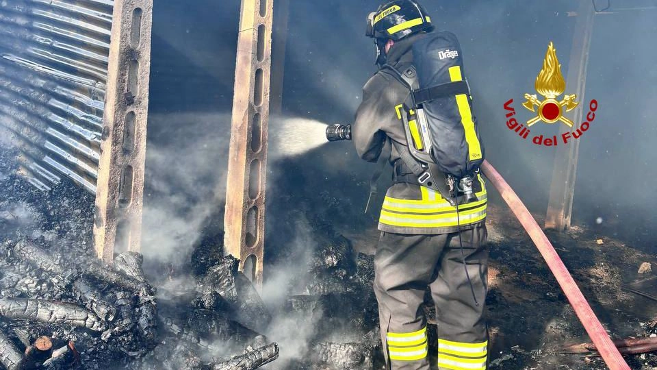 Incendio un annesso agricolo adibito a rimessaggio di attrezzature e deposito legname, vigili del fuoco in azione a Morrovalle