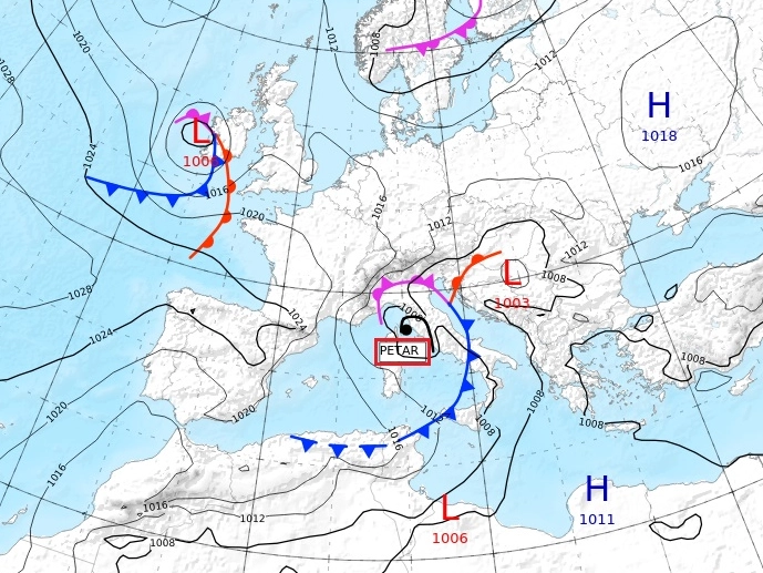 Il ciclone Petar nelle carte dell'Aereonautica Italiana