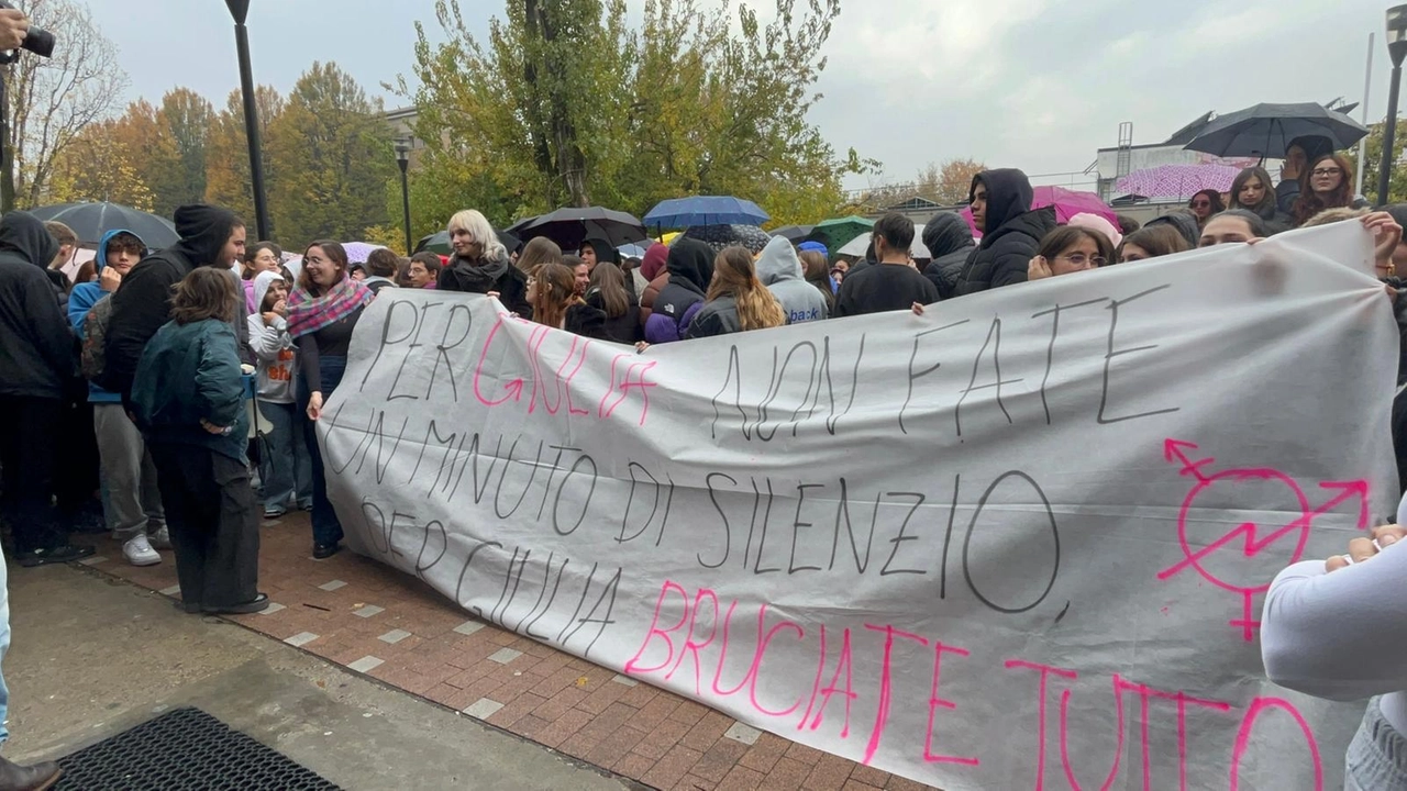 Lo striscione dei collettivi studenteschi fuori dal liceo Moro