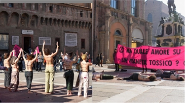 Nude in piazza Maggiore, colpite dalle frecce di Cupido: la protesta contro la violenza e per il clima