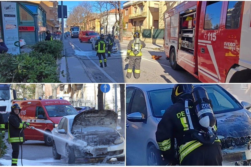 Auto incendiata a Pesaro in viale della Repubblica, mezza città paralizzata (foto di Luca Toni)