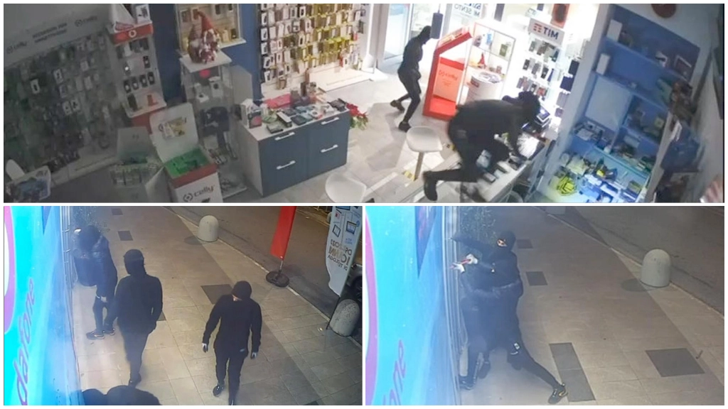 La banda di ladri ripresa dalle telecamere esterne al centro commerciale di Valmir di Petritoli (Fermo)