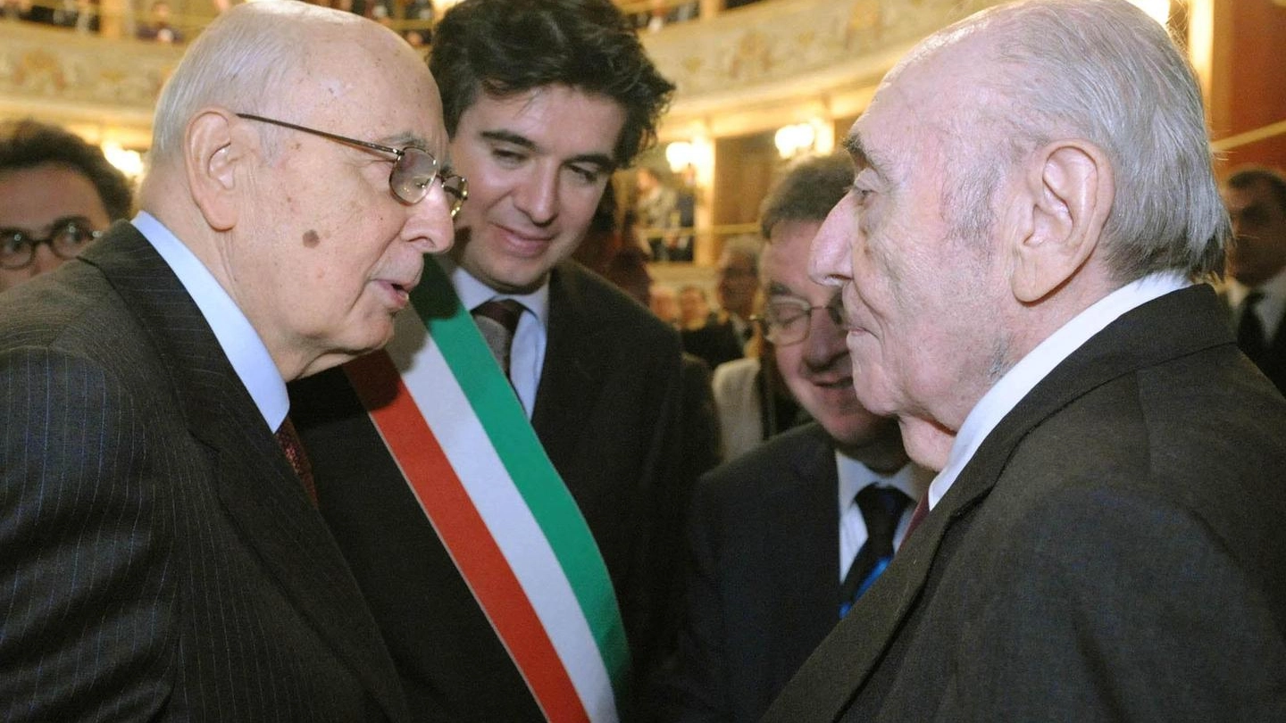 Renato Zangheri  con l'ex presidente Giorgio Napolitano e il sindaco di Imola Daniele Manca 