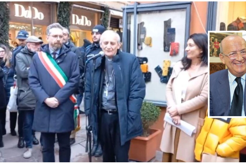 L'intitolazione della piazzetta tra le vie D'Azeglio e IV Novembre a Giorgio Guazzaloca (nella foto a destra) con il sindaco Matteo Lepore e il cardinale Matteo Zuppi