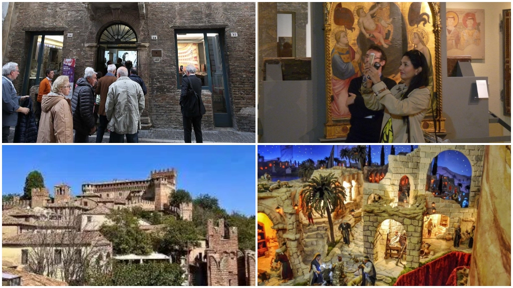 In alto a sinistra Casa Rossini, a destra i Musei Civici di Pesaro. Sotto a destra il presepe di San Marco a Fano e a sinistra il castello di Gradara