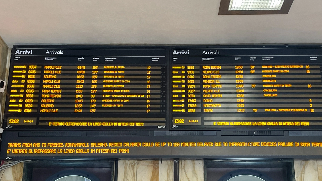 Il tabellone degli arrivi alla stazione centrale di Bologna il 2 ottobre 2024 (FotoSchicchi)