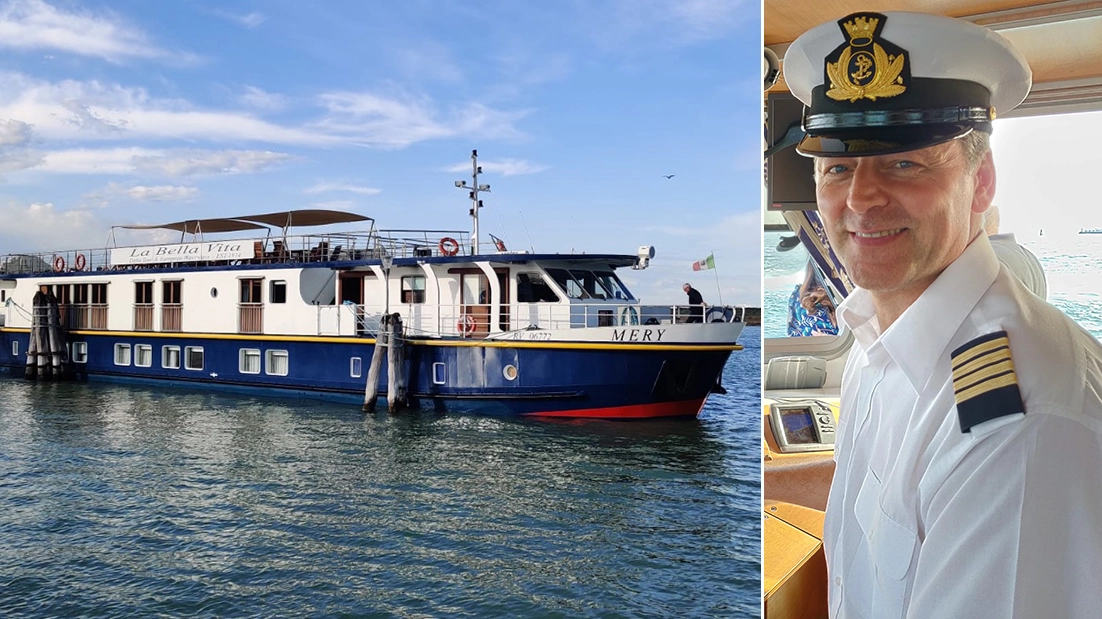 La nave da crociera Mery la bella vita è ferma da alcuni giorni sul Canalbianco. A destra, Rudy Toninato, 56 anni, al timone