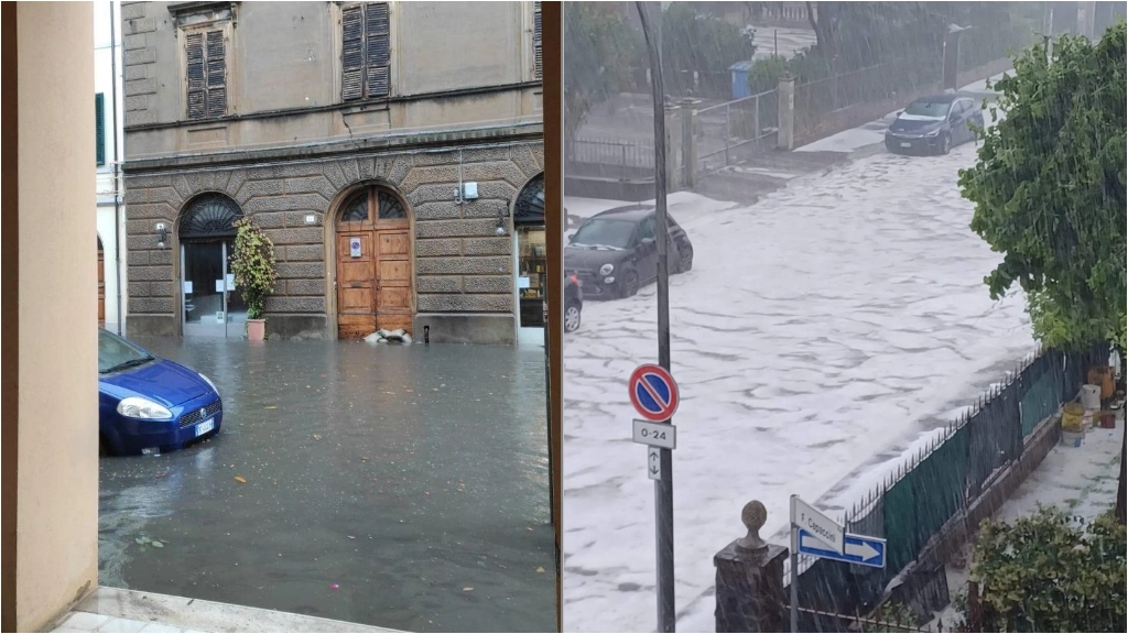 Corso Mazzini allagato (foto Meteoroby). A destra zona Ca' Ossi (Foto Stefania Passerini, tramite Emilia Romagna Meteo)