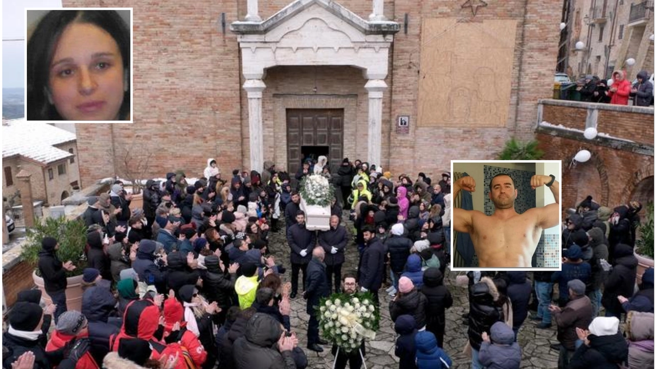 Nel riquadro in alto, Emanuela Massicci; in basso, Massimo Malavolta; sullo sfondo, un momento del funerale della donna