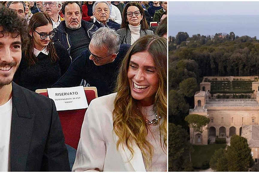 Pecco Bagnaia e Domizia Castagnini in un recente evento a Pesaro e a destra Villa Imperiale, che ospita la loro festa di nozze