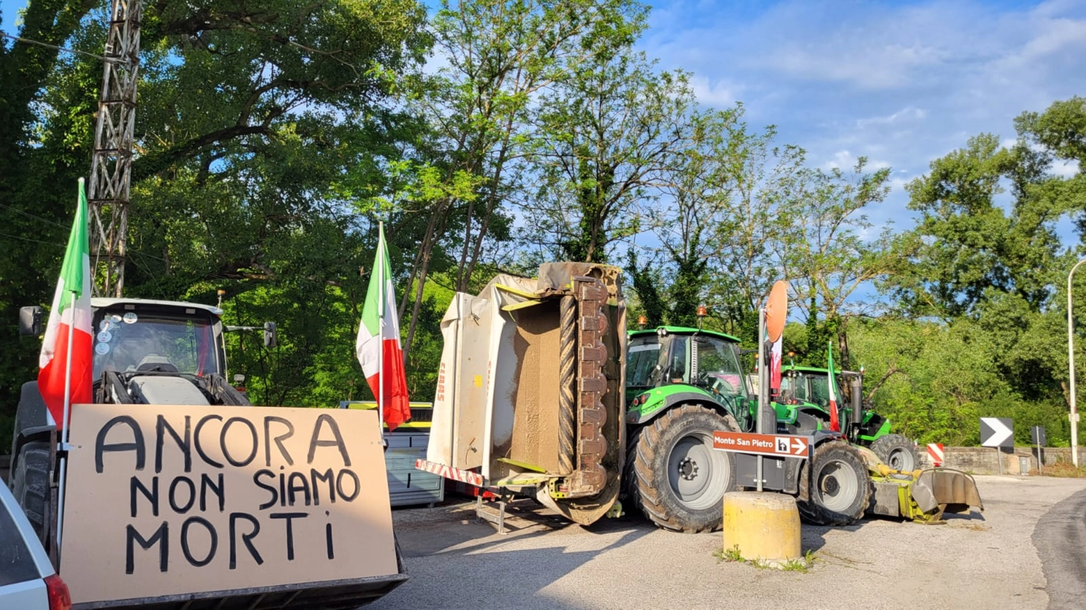 Trattori parcheggiati a bordo strada con tanto di bandiera italiana (Pisciolini)