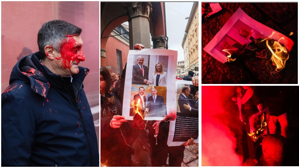 Le foto della premier bruciate e il dirigente della Digos colpito con la vernice rossa (foto Schicchi)