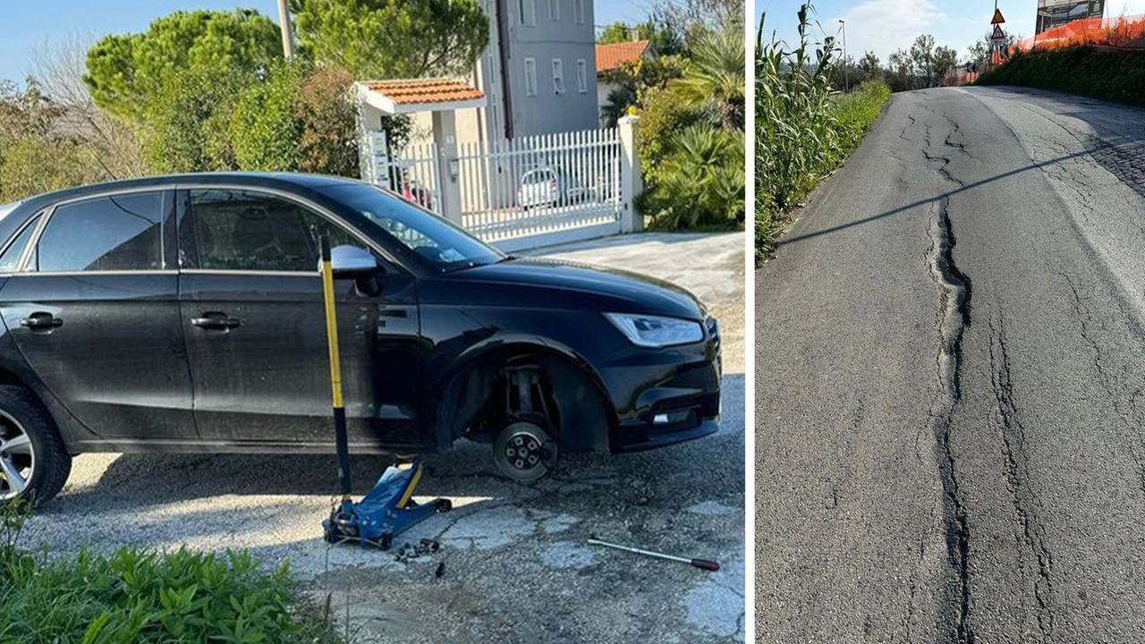 A sinistra, un’auto in panne proprio il 15 novembre; a destra, le condizioni del manto della strada del Barcaglione