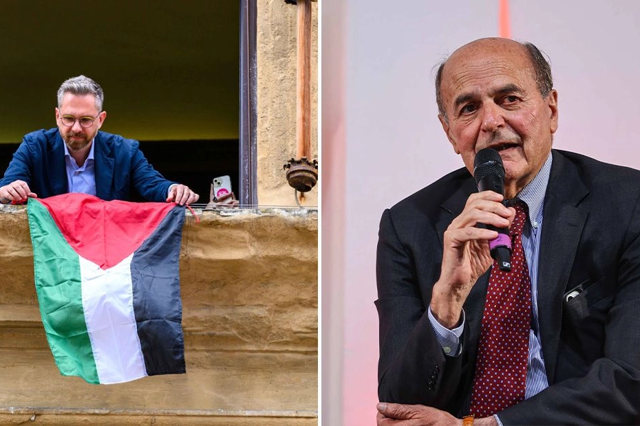 Il sindaco Matteo Lepore espone la bandiera palestinese dal Comune di Bologna. La riposta nel post di Pier Luigi Bersani (a destra): "Io sto con il sindaco"