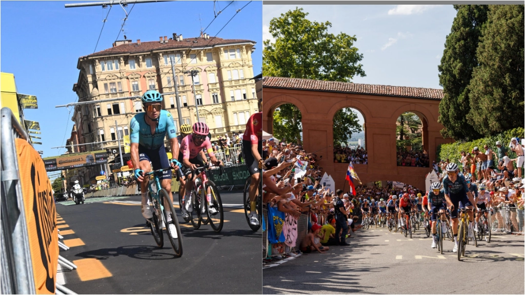 A sinistra, il passaggio del Tour in via Irnerio; a destra, i ciclisti affrontano la curva delle Orfanelle a San Luca incitati da una folla in visibilio (FotoSchicchi)