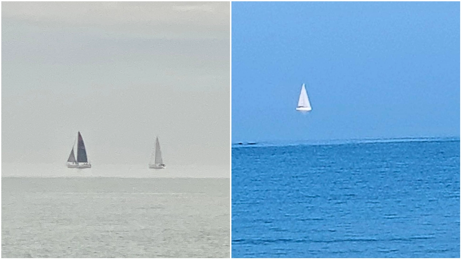 L’effetto ottico delle due barche a vela sospese tra cielo e mare immortalato da Roberta Maccaroni, che stava passeggiando alla Palla di Pomodoro con un’amica: “Ho subito scattato, prima che scomparisse”